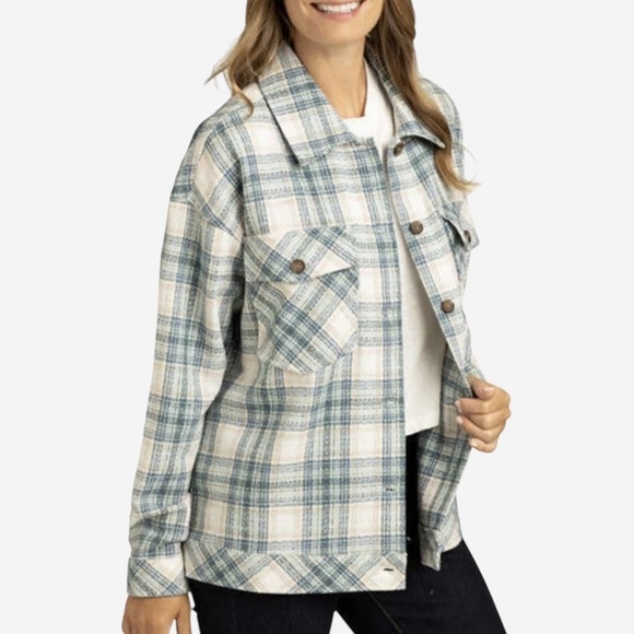 Plaid Shacket Shirt Jacket Size L Button Front Teal Cloud Boston Traders - Picture 2 of 12